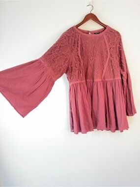 Torrid Pink Lace Bell Sleeve Tunic Top Womens 2X Flowy Boho Peasant Cottagecore
